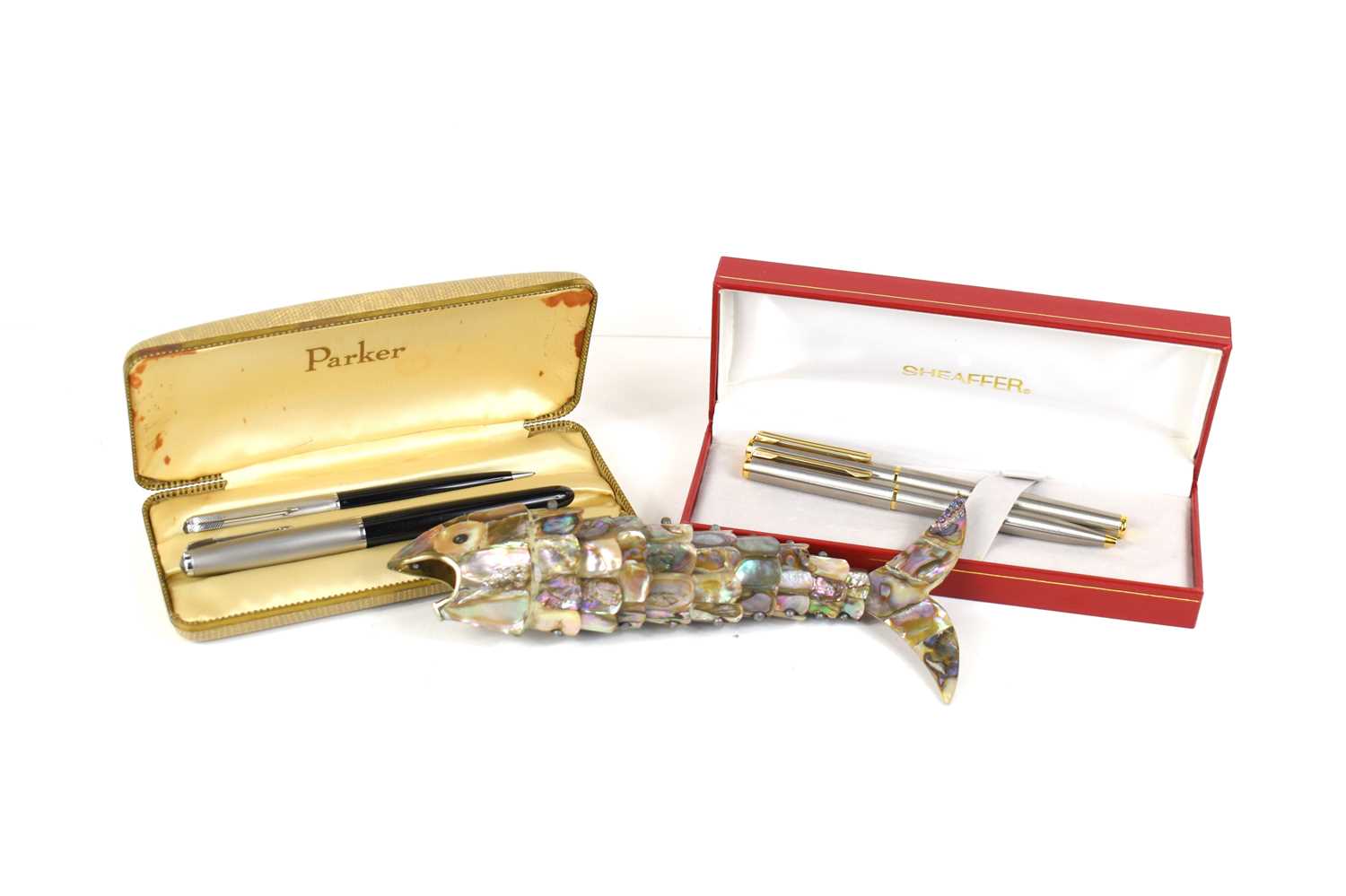 Two Shaeffer ball point pens, in the original presentation box, together with two vintage Parker