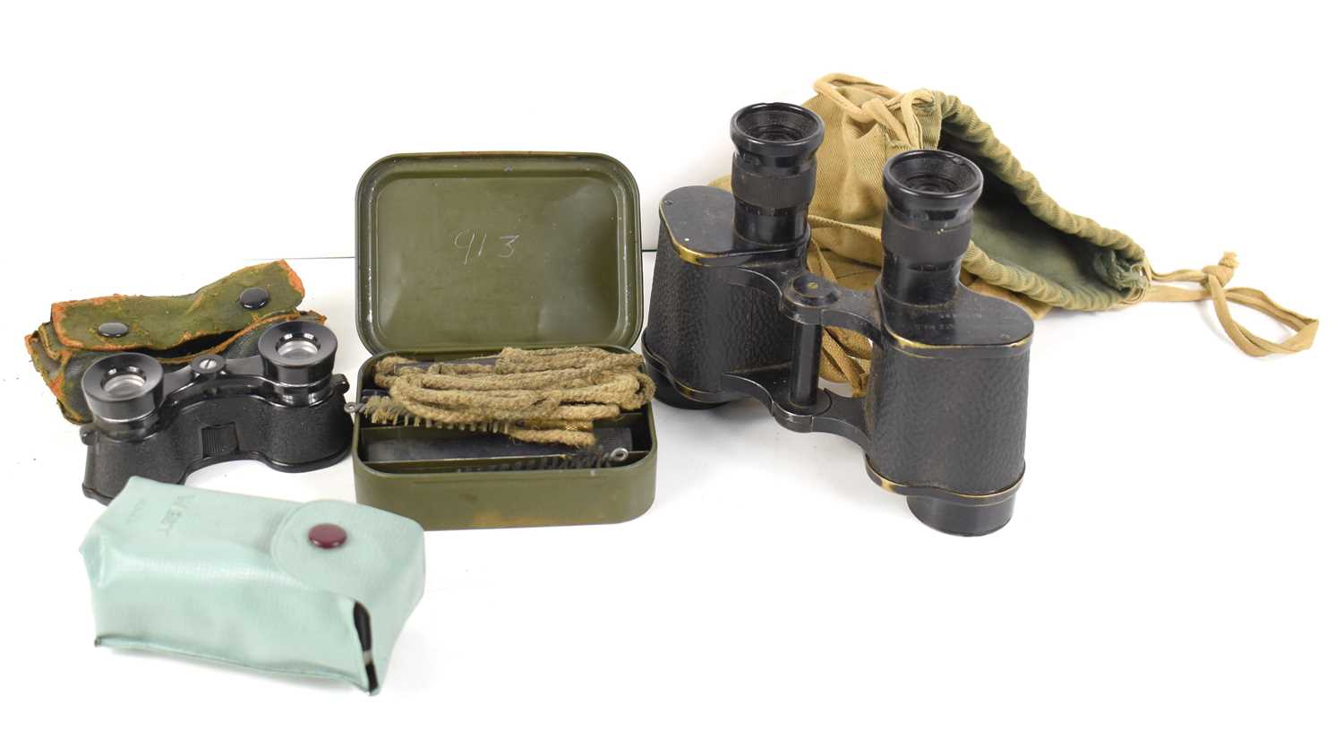 A pair of WWII dated Kershaw No2 MkII binoculars together with a gun cleaning kit, RAF regiment