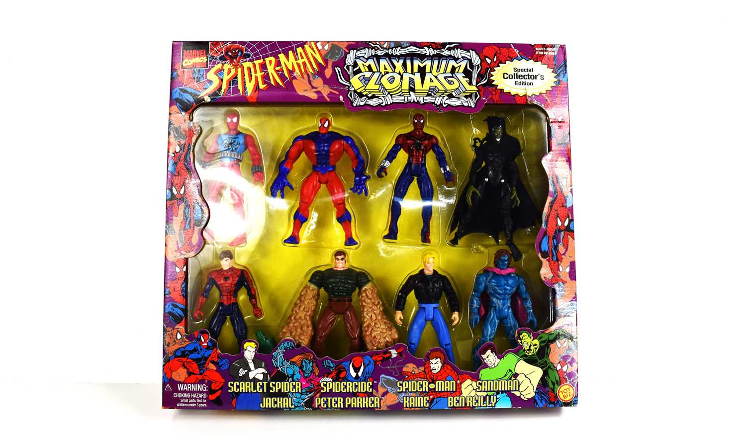 A vintage Toy-Biz Spider-Man Maximum Clonage collectors edition action figure set, comprising