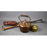 A copper kettle together with a shooting stick, horn handled walking cane and a brass lidded pot.