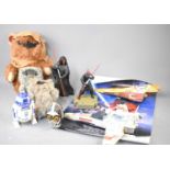 A group of Star Wars toys, some vintage, to include X-Wing starfighter, Ewok cuddly toys, R2-D2