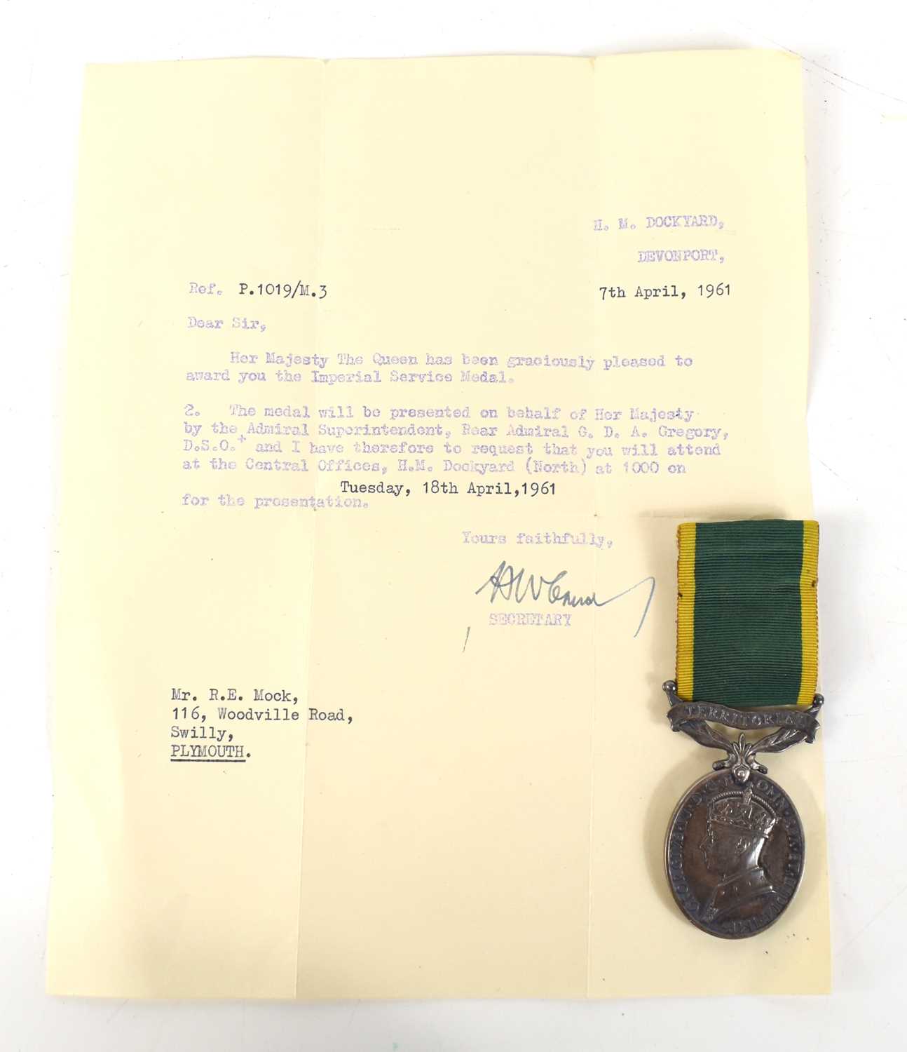 A George VI Territorial Efficiency medal awarded to Pte R.E Mock, 5614215, Devonshire Regiment, with