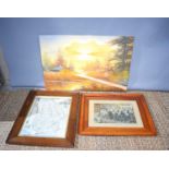A mixed group of three pictures to include a map of Lincolnshire, a print showing a dining scene,