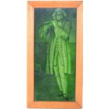 A late 19th century Majolica glazed picture tile depicting a gentleman playing a flute, 12cm by