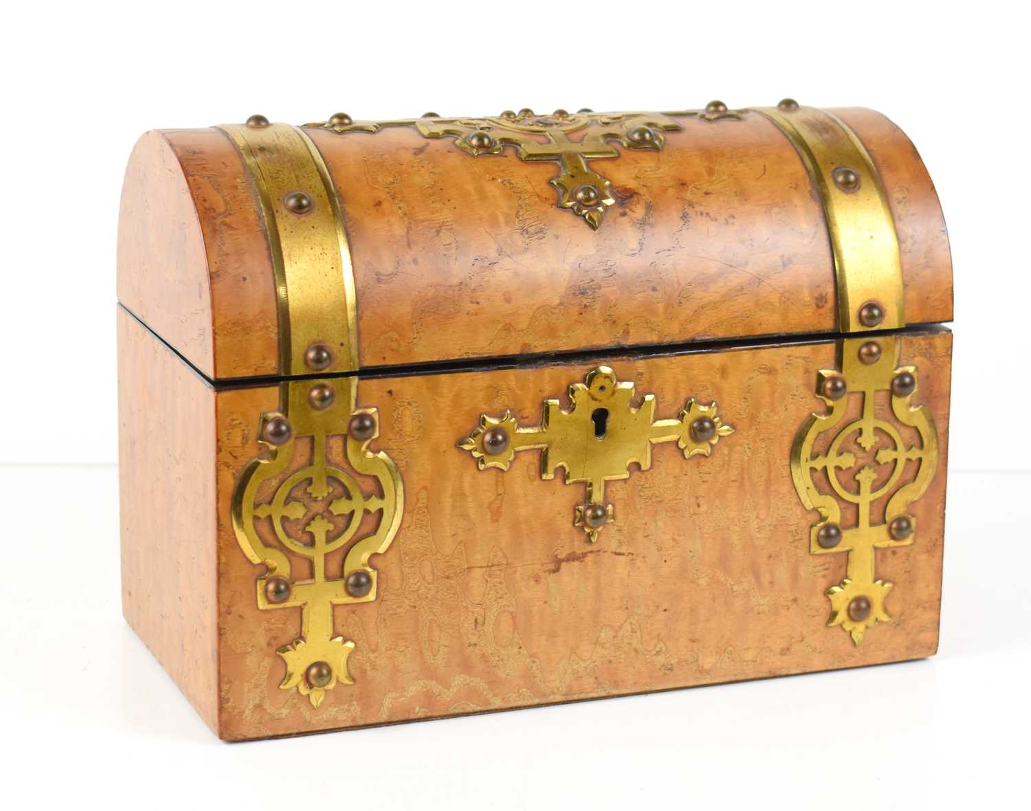 A Victorian burr walnut domed stationary box, with brass strapwork mounts and fitted interior, - Image 2 of 4