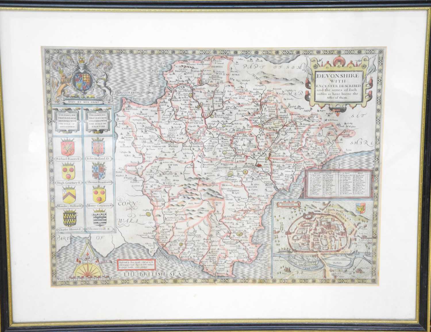 John Speed: A hand-coloured engraved map of Devonshire with Excester described and the Armes of such