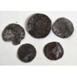 Five Elizabeth I silver hammered half-groat and threepence coins.