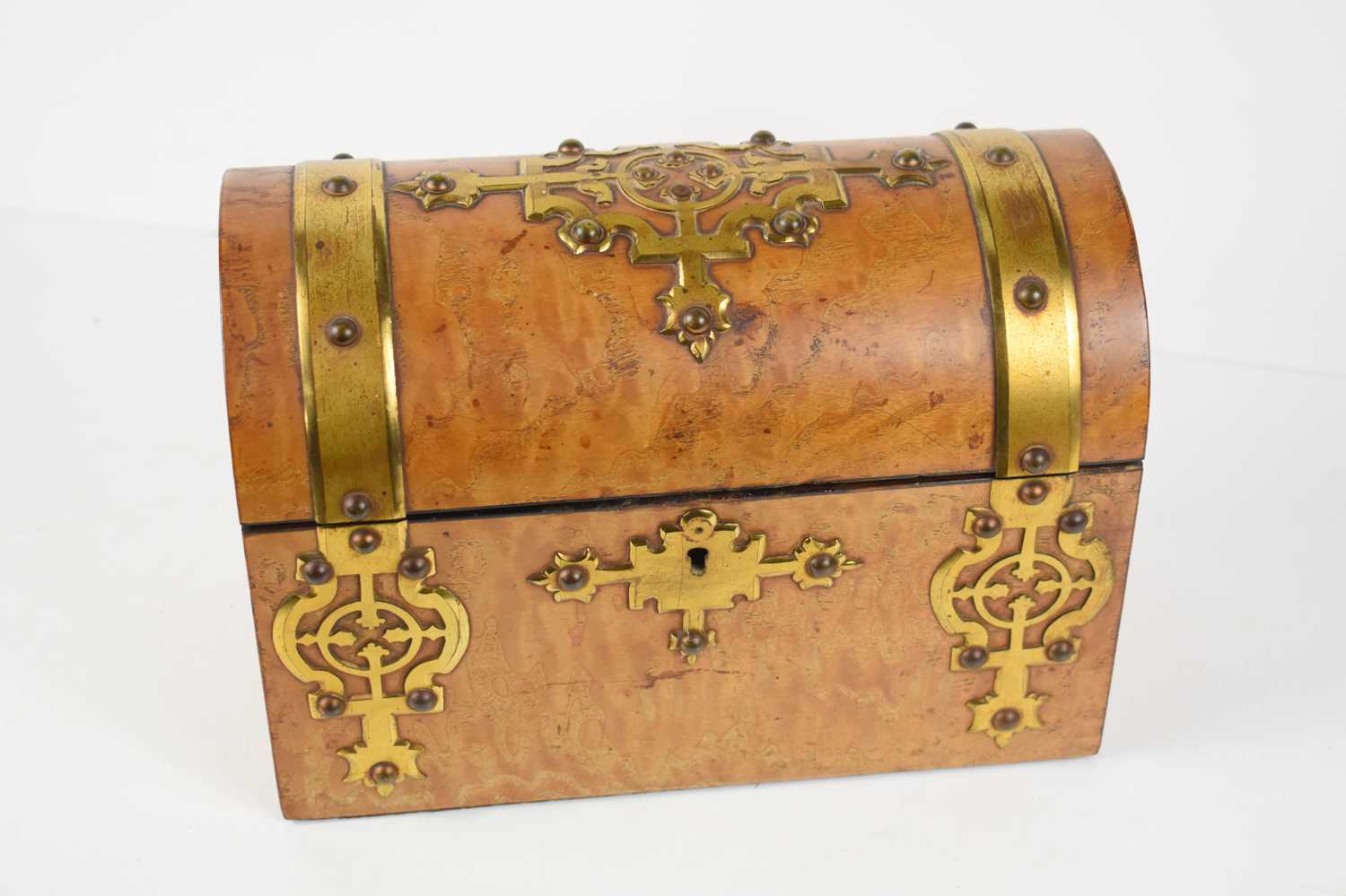 A Victorian burr walnut domed stationary box, with brass strapwork mounts and fitted interior, - Image 3 of 4