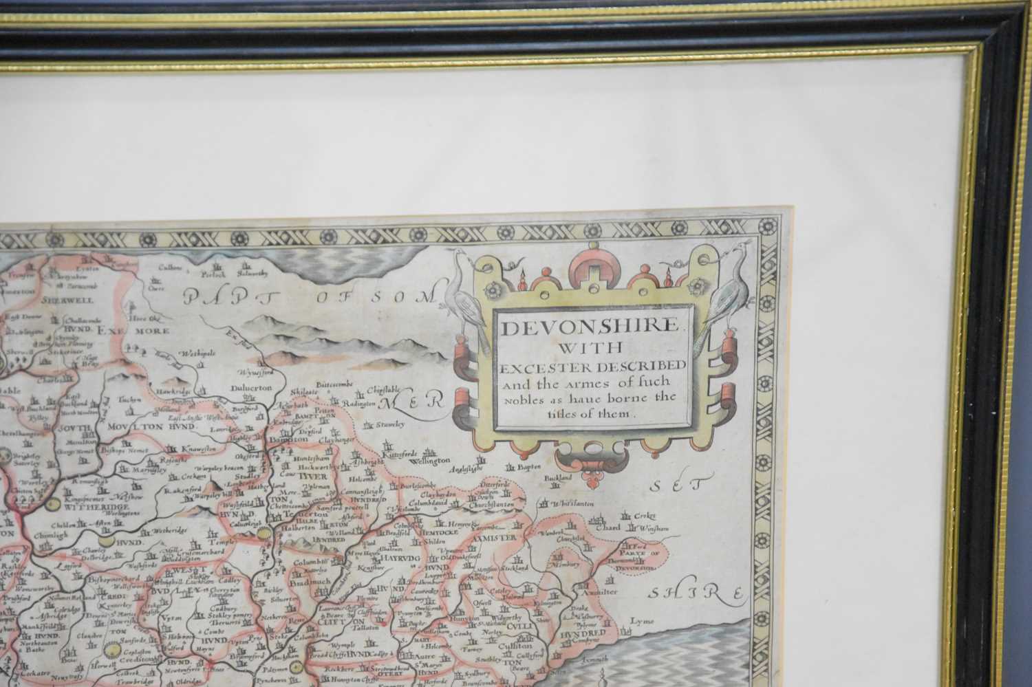 John Speed: A hand-coloured engraved map of Devonshire with Excester described and the Armes of such - Image 2 of 2