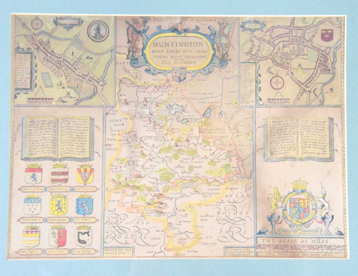 John Speed: A hand-coloured engraved map of Huntington both Shire and Shire town with the ancient