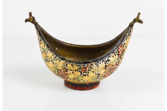 A lacquered bronze Kovsch, possibly Russian decorated with gilt vine leaves, red berries and - Image 1 of 2