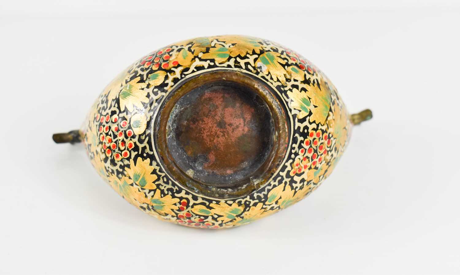 A lacquered bronze Kovsch, possibly Russian decorated with gilt vine leaves, red berries and - Image 2 of 2