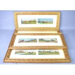 A set of four framed oil on boards, each frame containing two oil paintings depicting hunting and