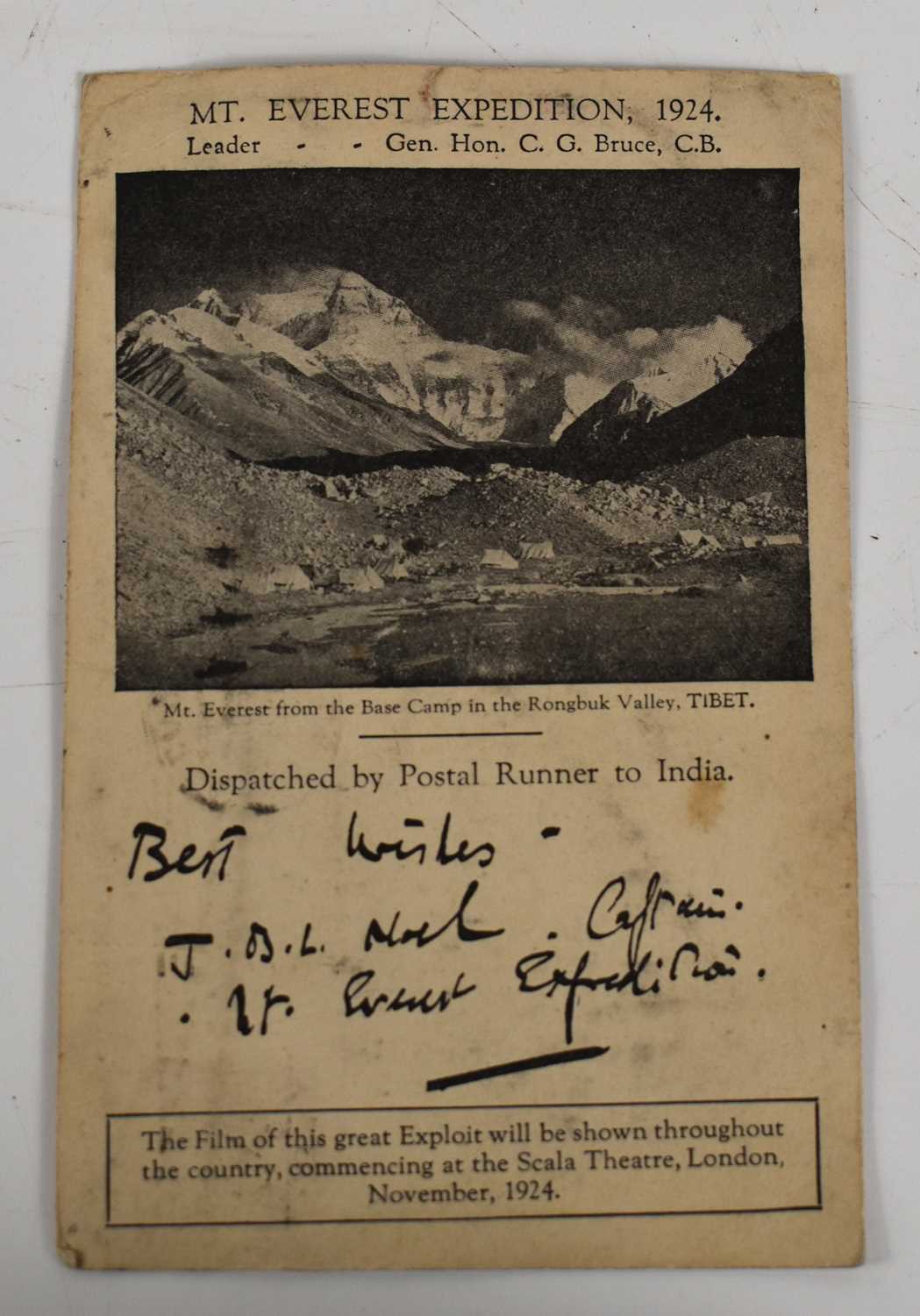 A Mount Everest Expedition 1924 commemorative postcard, dispatched from Everest base camp with