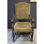 A late 18th / early 19th century oak carved chair with tapestry back and seat, 113cm high, 62cm