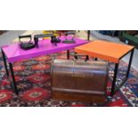 Two colour block metal tables, reputedly by Habitat, a vintage sewing machine in case, and a group