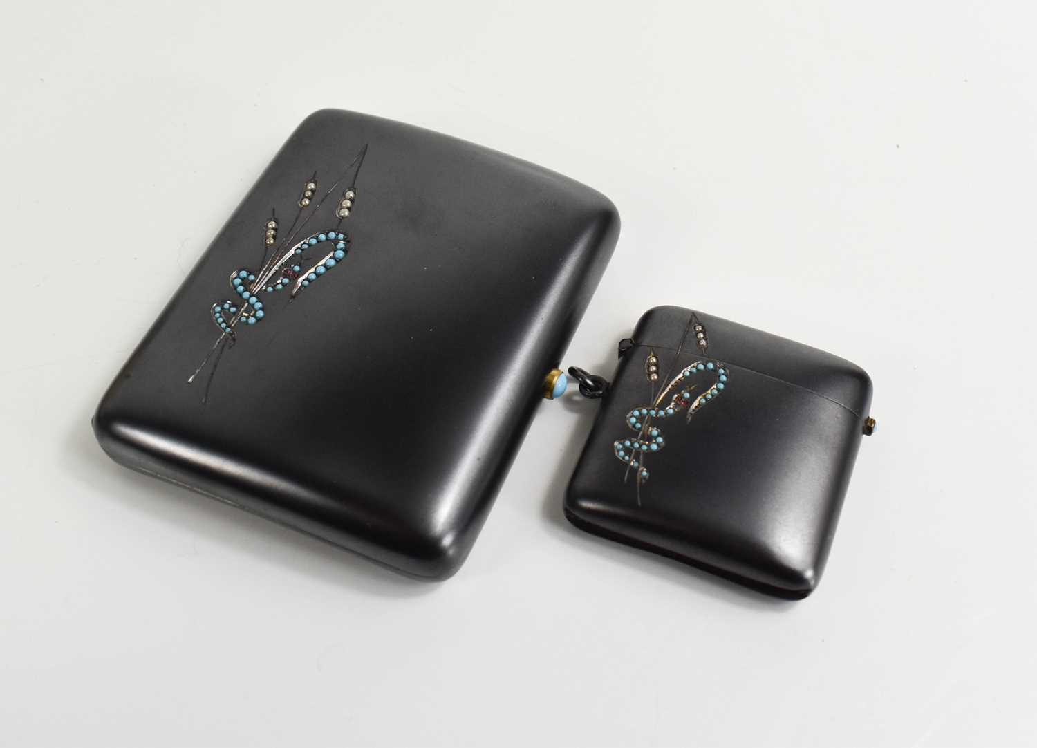 An early 20th century gun metal, turquoise and seed pearl cigarette case with matching vesta case, - Image 2 of 6