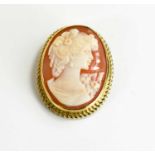 A 9ct gold set cameo brooch, carved to depict a female profile portrait, 5.7g total, 3cm high.