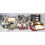 A group of antique silver plateware, to include tea set, tea pots, boxed flatware, and other items.