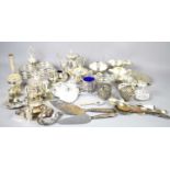 A group of silver plated items to include coasters, silver handled cake slice, cruet set, salt and