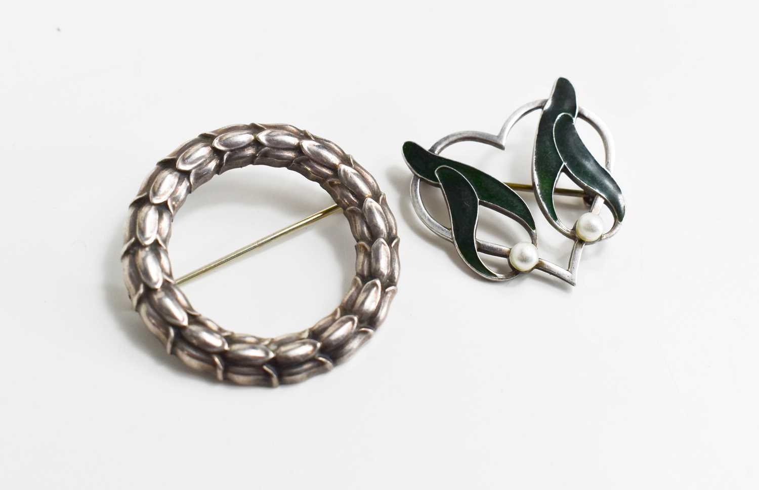 A Georg Jensen & Wendel silver wreath brooch together with a Danish silver and pearl and enamel - Image 3 of 3