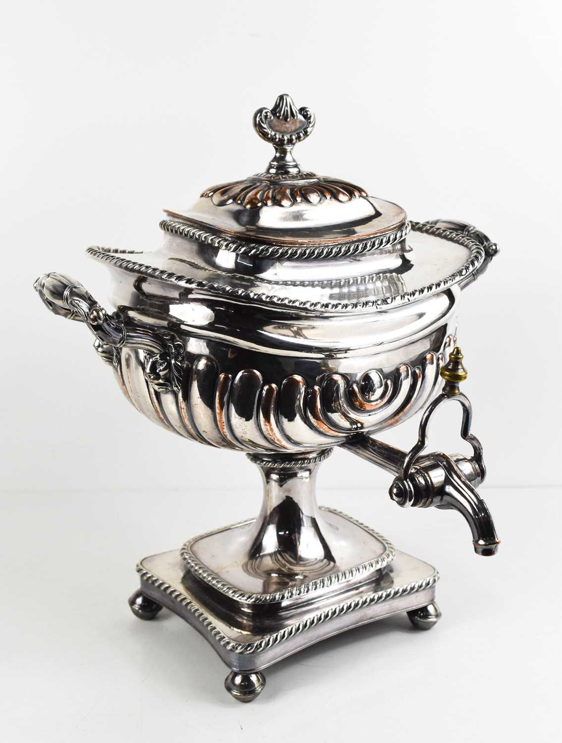 A Victorian silver plated samovar, with twin handles, gadrooned body, and raised on ball form - Image 3 of 3