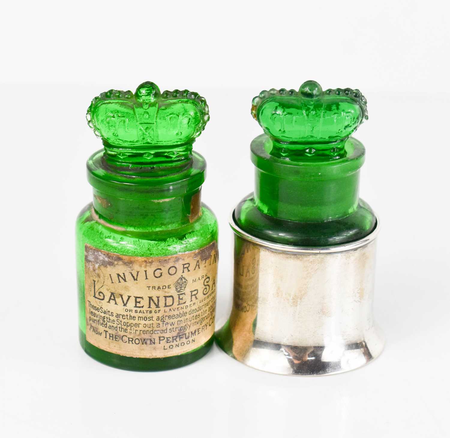 Two Crown Perfumery Company of London green glass bottles, one in silver case by Deakin Francis, - Image 2 of 2