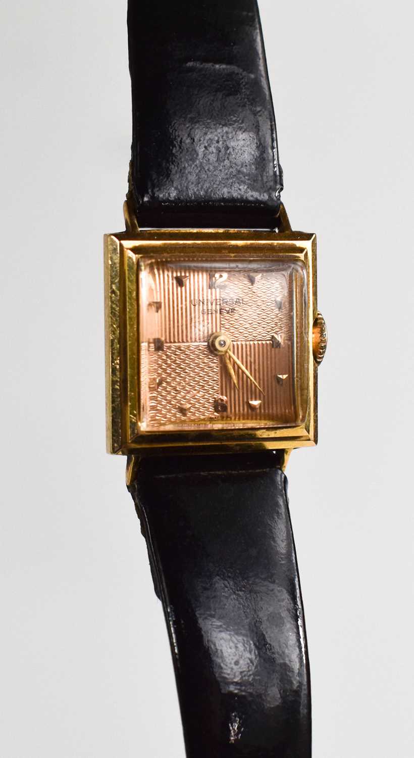 An 18ct Universal gold cased lady's watch, with engine turned rose gold coloured dial, with black - Image 2 of 4