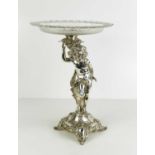 A WMF glass and silver plated tazza, the base in the form of a cherub, Ostrich hallmark, circa 1890,