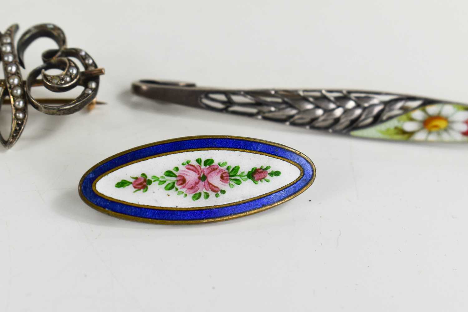 A silver and enamel 1920s bar brooch, the pierced decoration in the form of wheat, the enamelled - Image 4 of 6