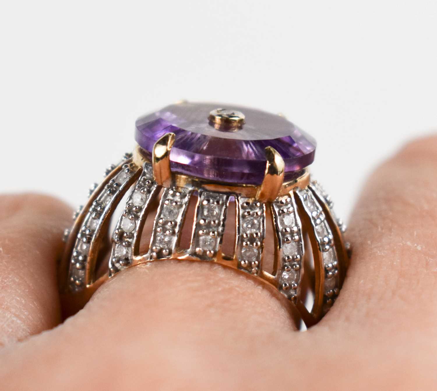 A Lehrer 9ct gold and Torusring amethyst and diamond ring, size O, 5.4g. - Image 2 of 7