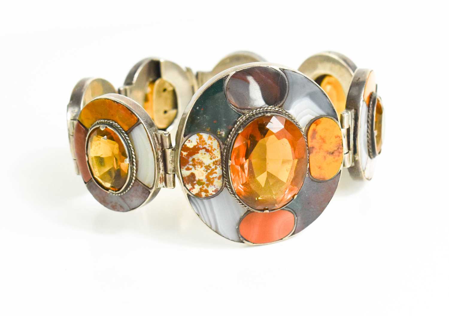 A Scottish silver, agate and orange Cairngorm stone set bracelet, composed of seven oval links, each - Image 3 of 3