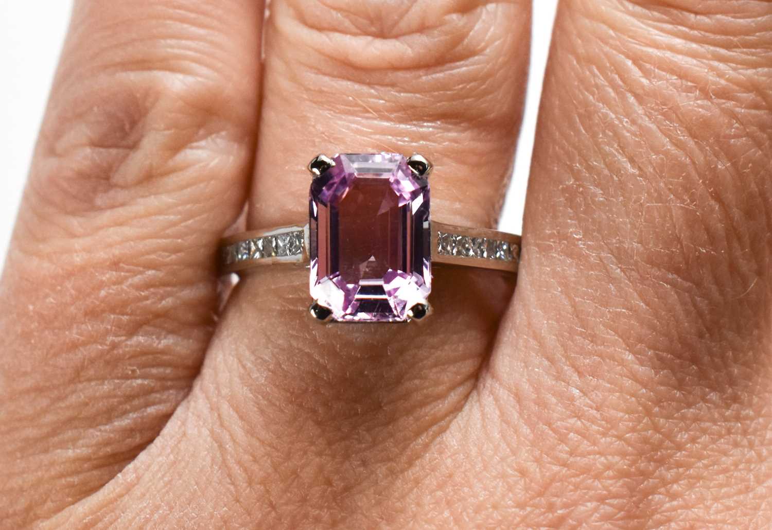 A platinum, pink topaz and diamond ring, the topaz totalling 3.17ct and the diamonds 0.30ct in - Image 4 of 5