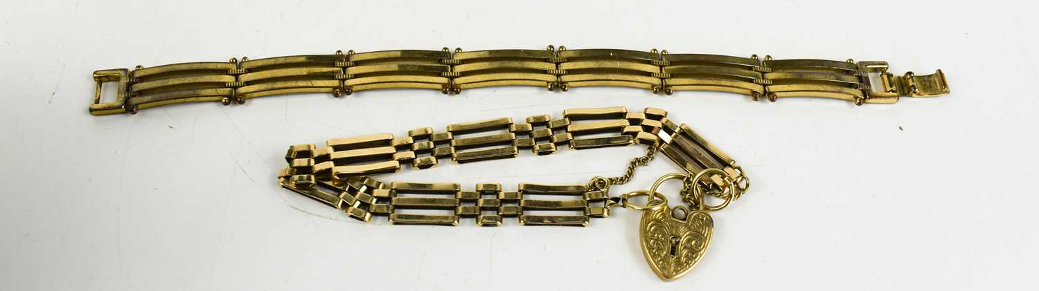 A 9ct gold gatelink charm bracelet with heart shaped padlock clasp, 13.29g, together with a plated - Image 2 of 2