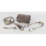 A group of Dutch silver to include a mustard spoon, sifter with star pierced bowl, sugar tongs,