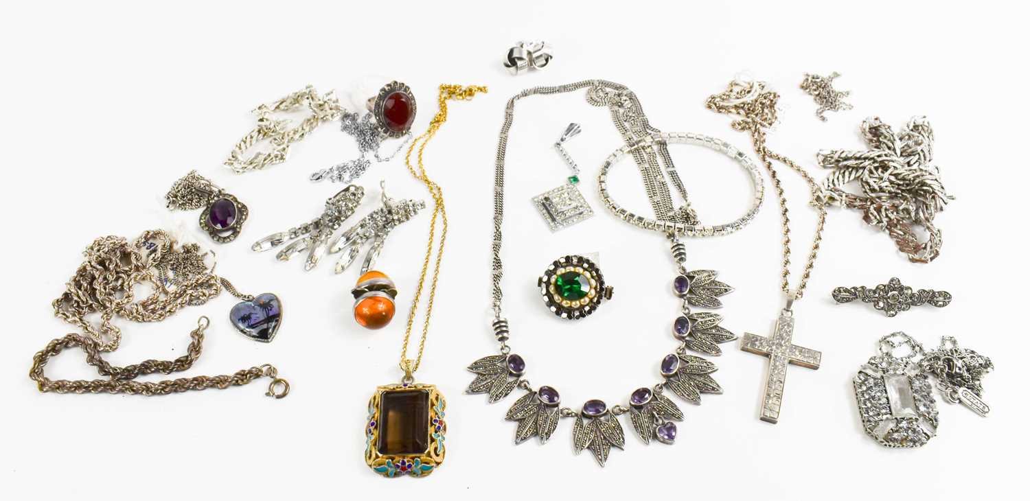 A selection of silver jewellery to include a silver gilt, enamel and smoky topaz pendant necklace, a