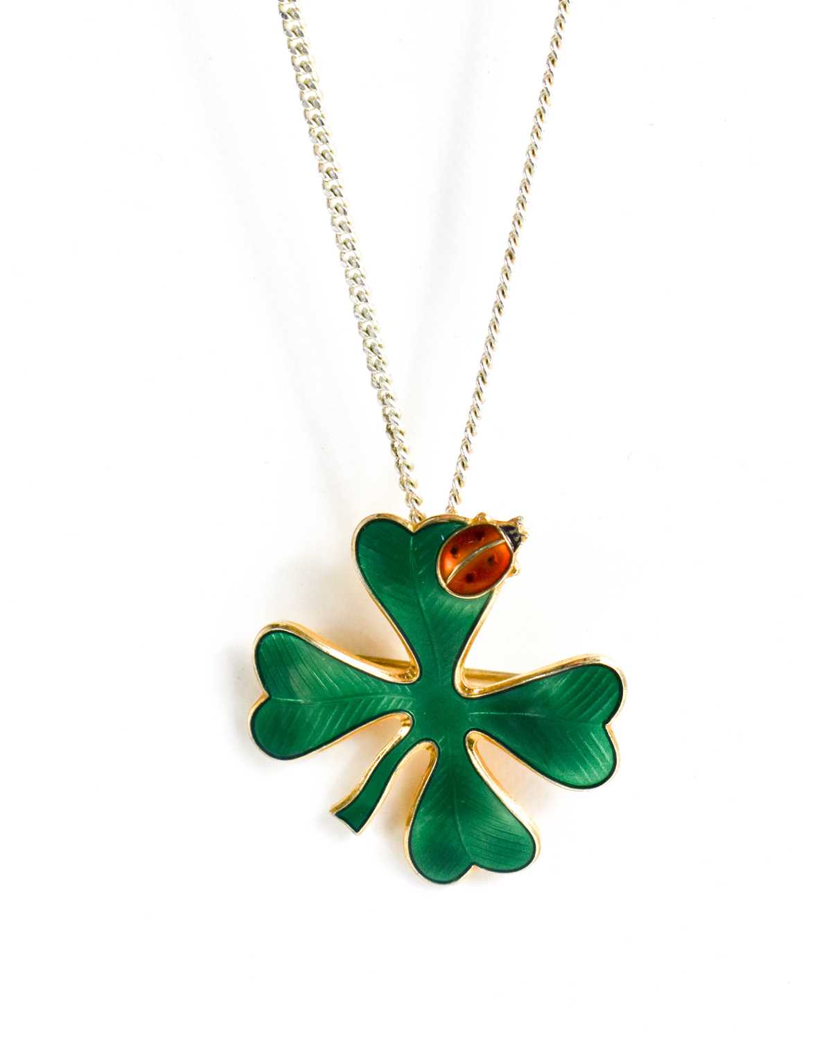 A David Andersen of Norway silver and enamel pendant necklace / brooch in the form of a four leaf