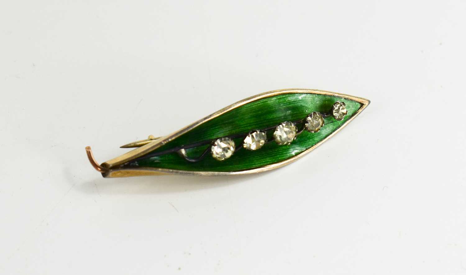 An Art Nouveau enamel and gold lily of the valley brooch, with green enamel leaf surrounding a spray - Image 4 of 4