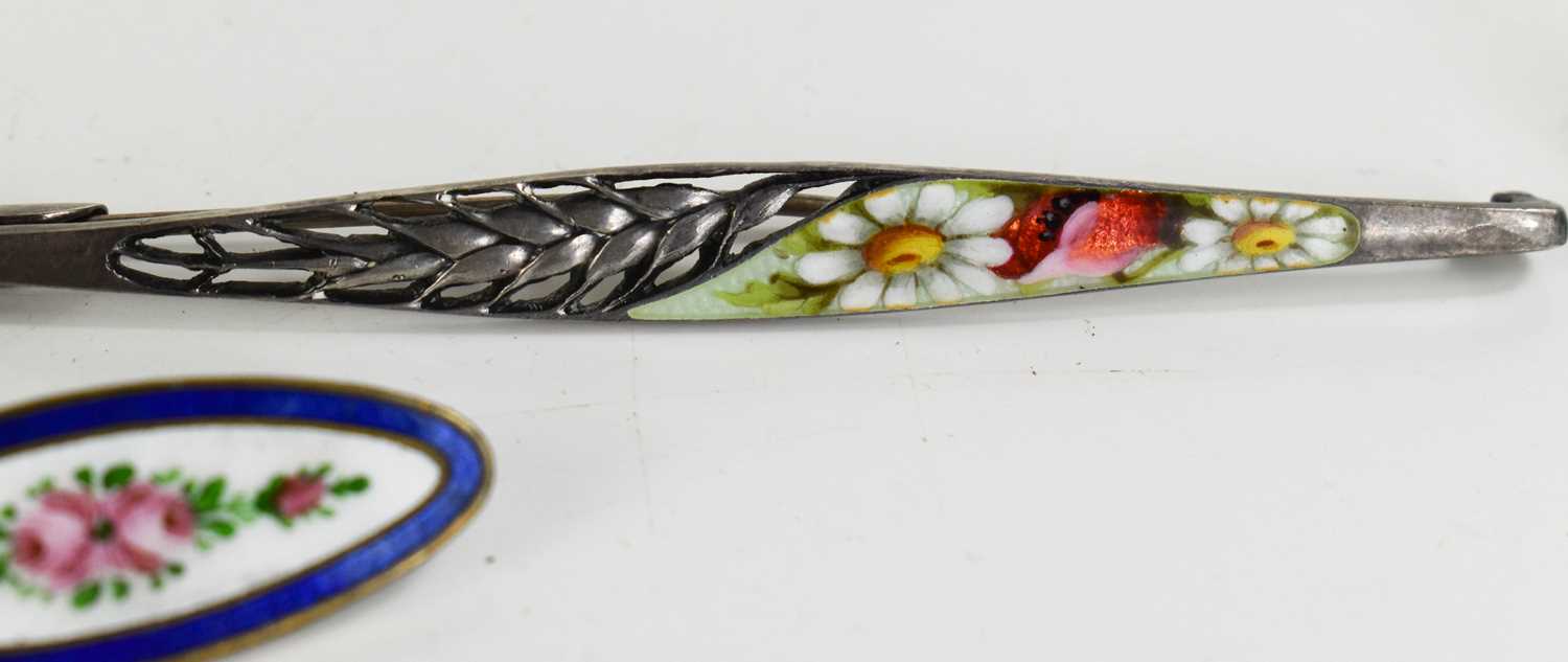 A silver and enamel 1920s bar brooch, the pierced decoration in the form of wheat, the enamelled - Image 5 of 6