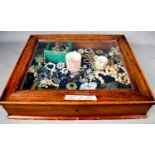 An antique oak glazed jewellery table-top display cabinet, together with a selection of costume