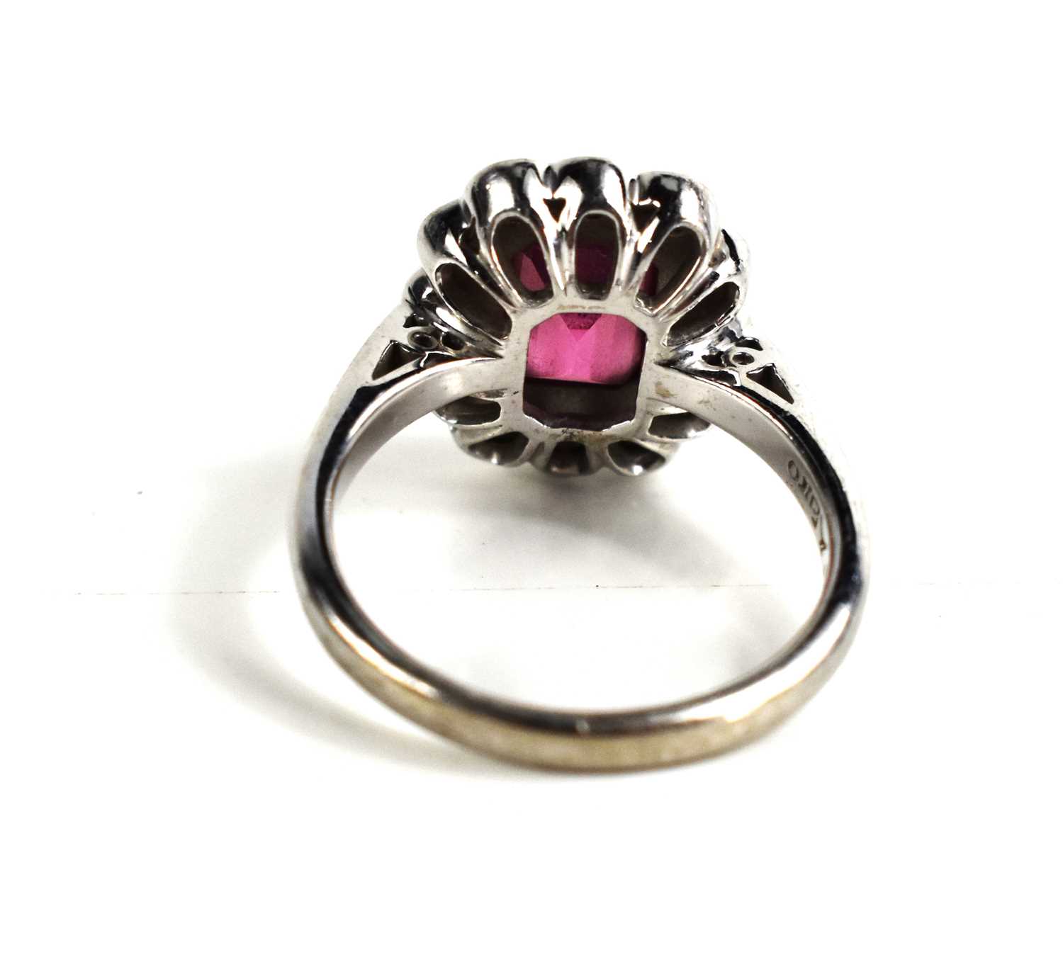 An 18ct with gold, pink tourmaline and diamond dress ring, the central emerald cut tourmaline of - Image 2 of 5