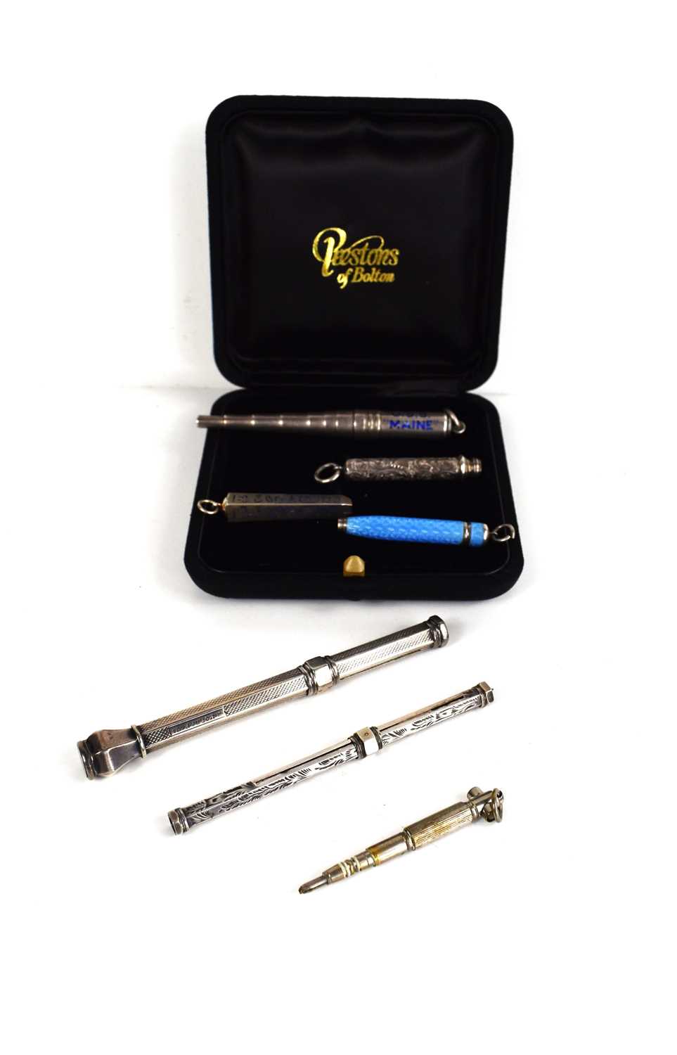 A selection of silver Victorian and later propelling pencils, including a small blue enamelled