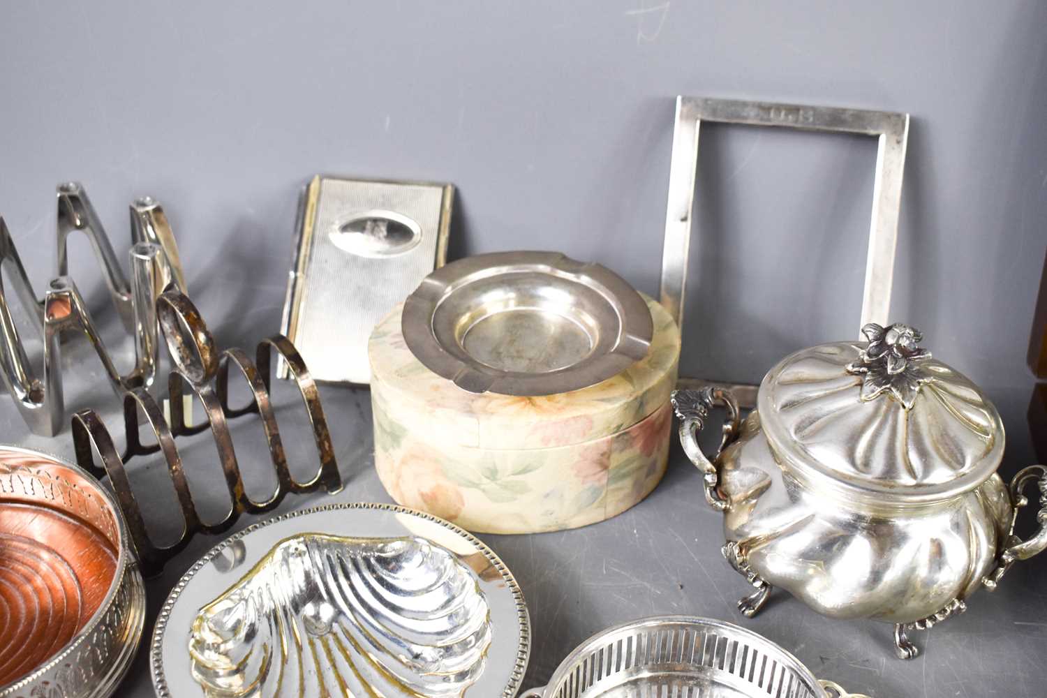 A sterling silver photograph frame a/f, group of silver plateware to include a tea canister, toast - Image 2 of 2