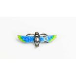 An Art Nouveau Egyptian Revival enamel, split seed pearl and blister pearl winged scarab brooch in