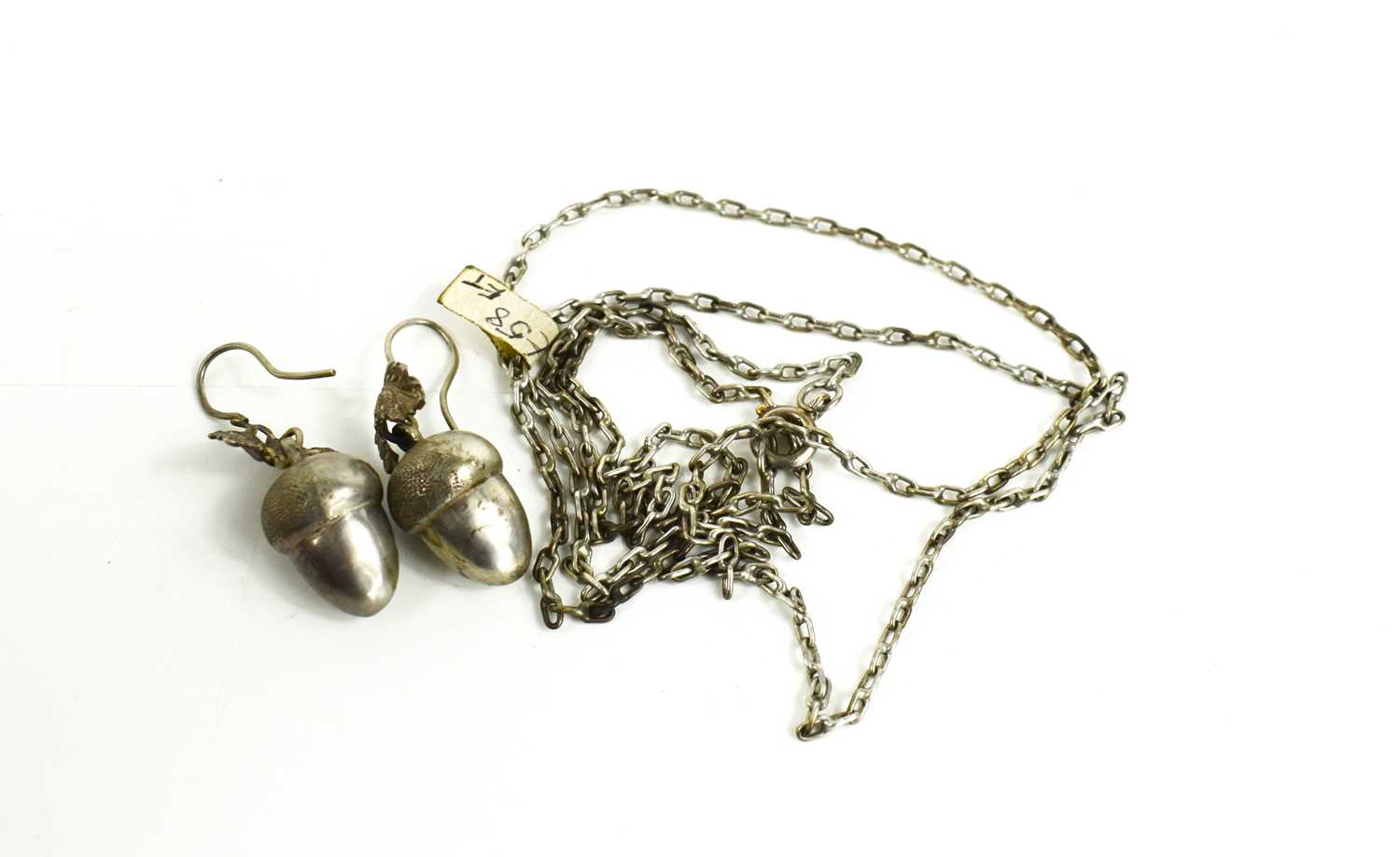 A pair of unmarked silver acorn form pendant earrings, together with a 12k 1/2 gold filled square