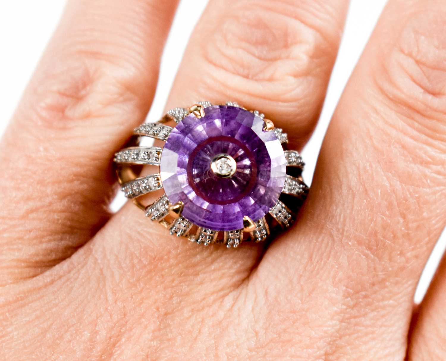 A Lehrer 9ct gold and Torusring amethyst and diamond ring, size O, 5.4g. - Image 3 of 7