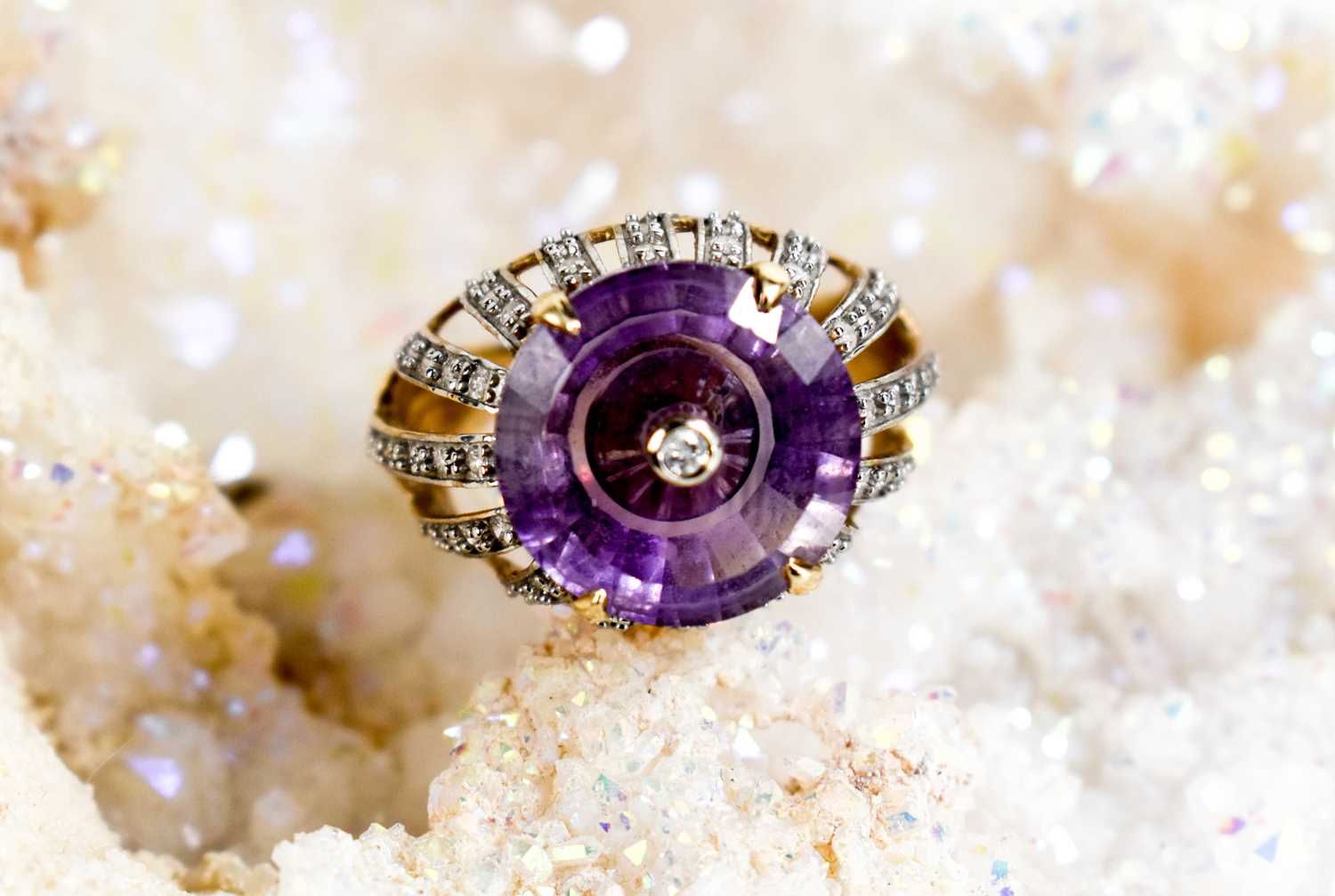 A Lehrer 9ct gold and Torusring amethyst and diamond ring, size O, 5.4g. - Image 7 of 7