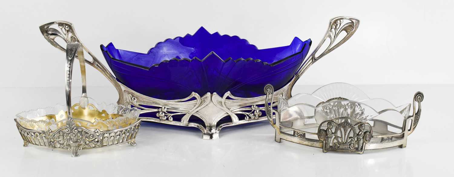 Two WMF Art Nouveau sweet dishes, both with Ostrich hallmark and cut glass liners, one decorated