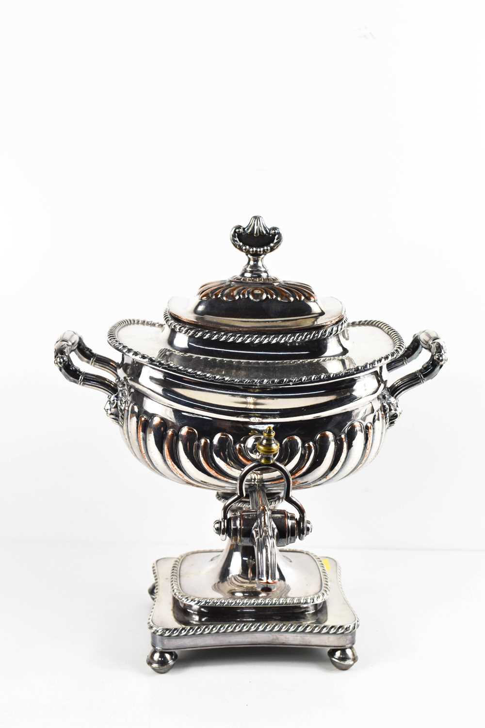 A Victorian silver plated samovar, with twin handles, gadrooned body, and raised on ball form - Image 2 of 3