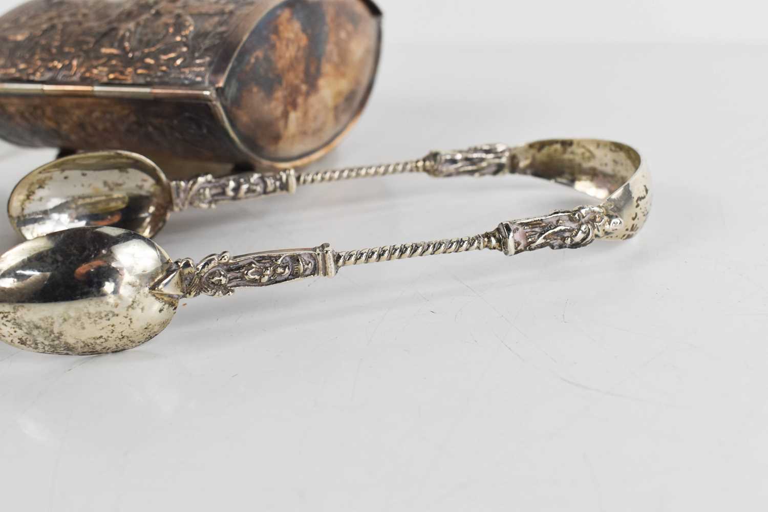 A group of Dutch silver to include a mustard spoon, sifter with star pierced bowl, sugar tongs, - Image 3 of 4